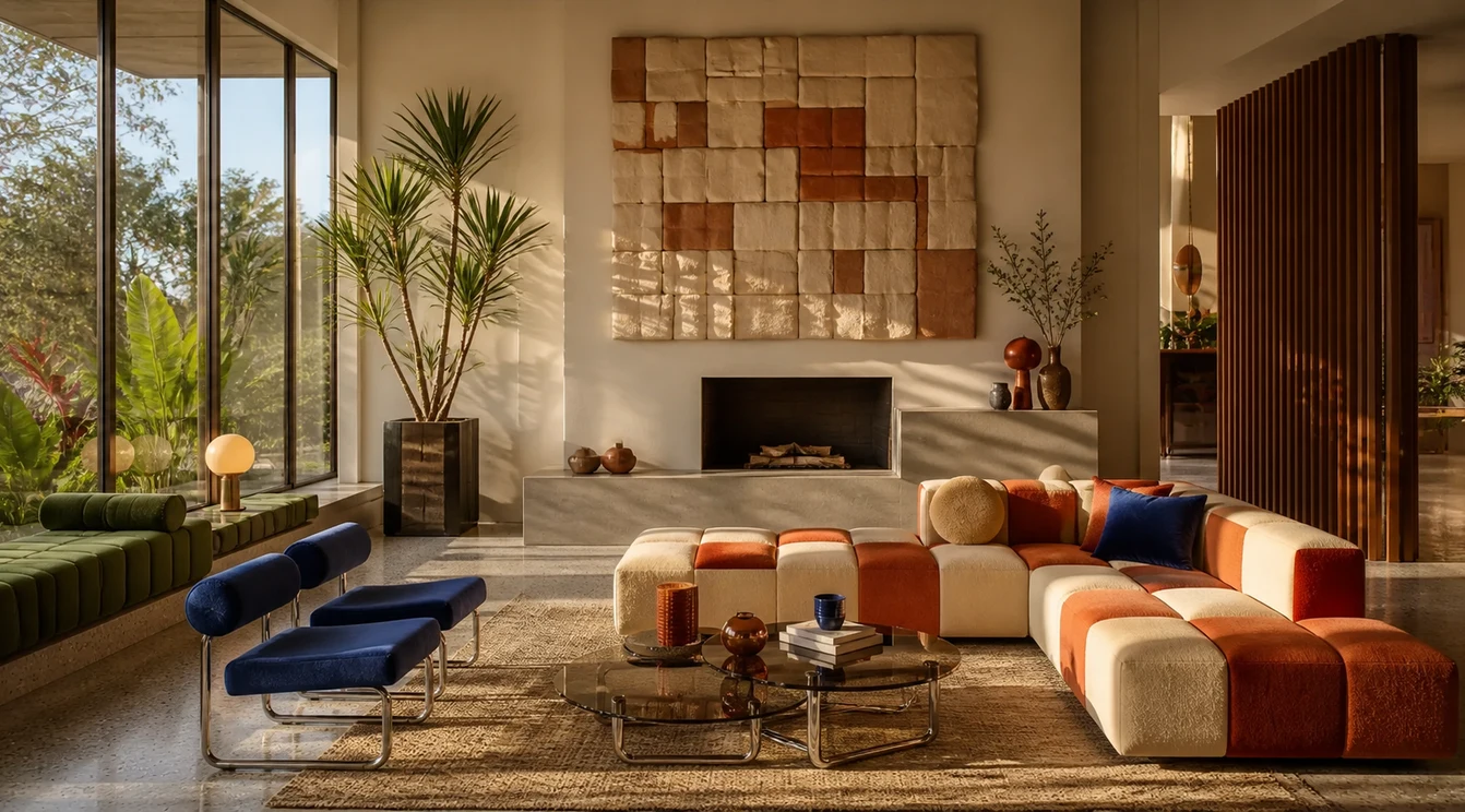 Recreated warm modern living room with an orange-and-cream modular sofa and blue lounge chairs