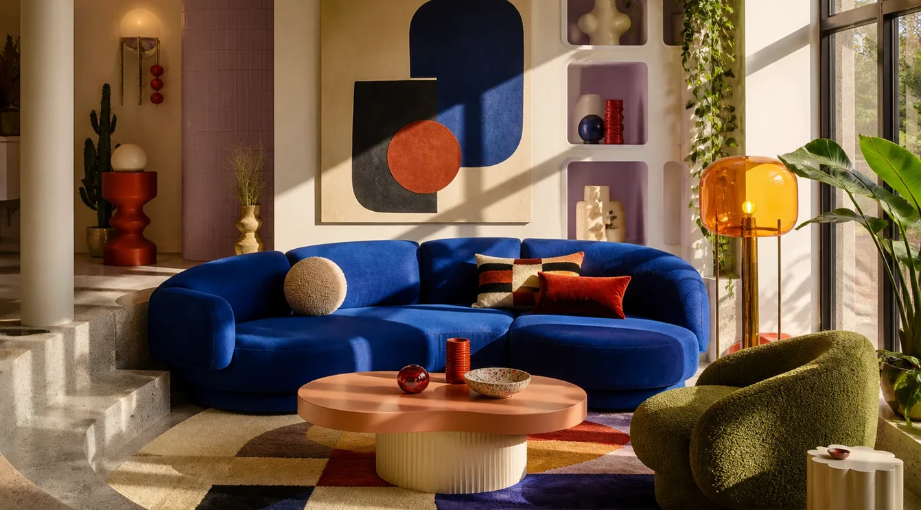 Original retro-modern living room with strong side-window light and shadow