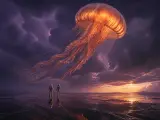 Giant glowing orange jellyfish floating above two explorers at sunset